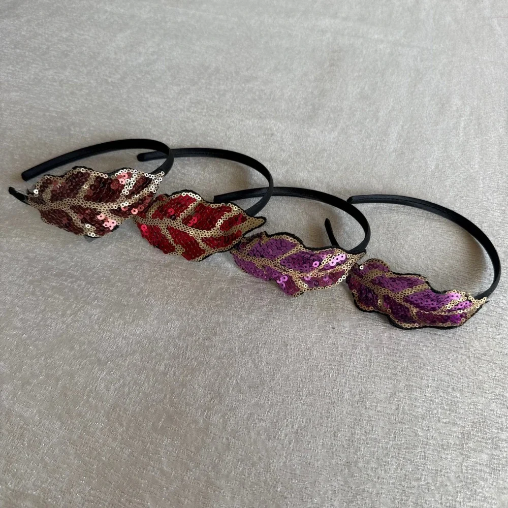 4PC Sequin Leaf Headbands Set Red Purple Bronze Gold Statement Hair Accessories
